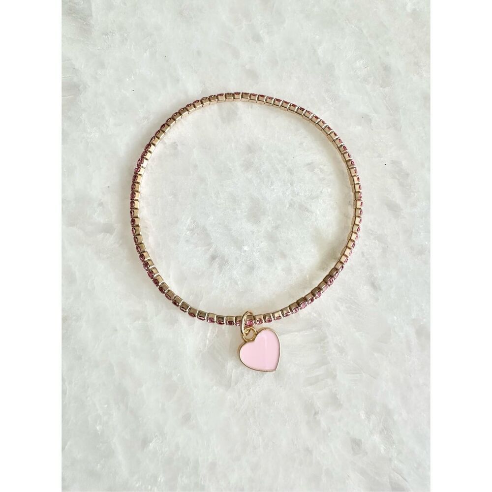 Light pink enamel heart rhinestone stretch bracelet